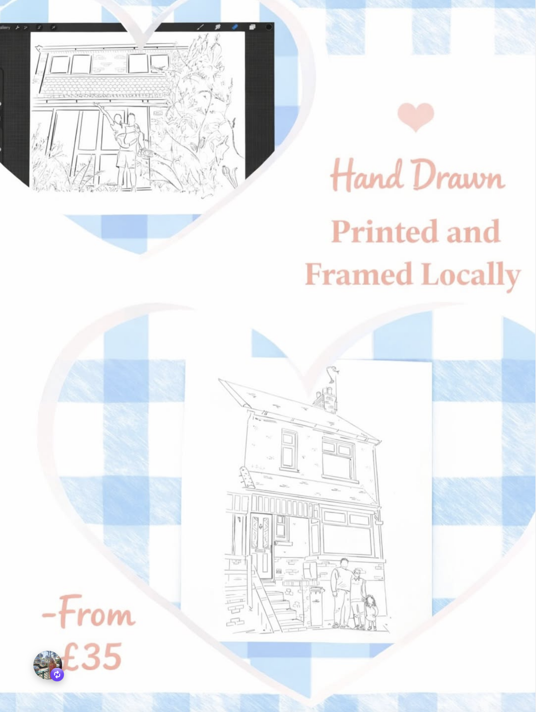 A hand-drawn pen illustration of a house with a family standing outside, printed and displayed in a gift presentation